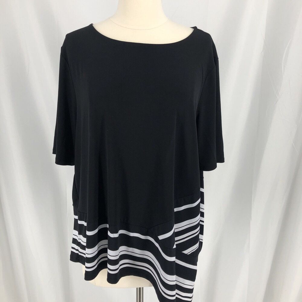 by Chico’s Black Stretch Top, Striped Hem, Short Sleeve, Size 3 (Chicos size)